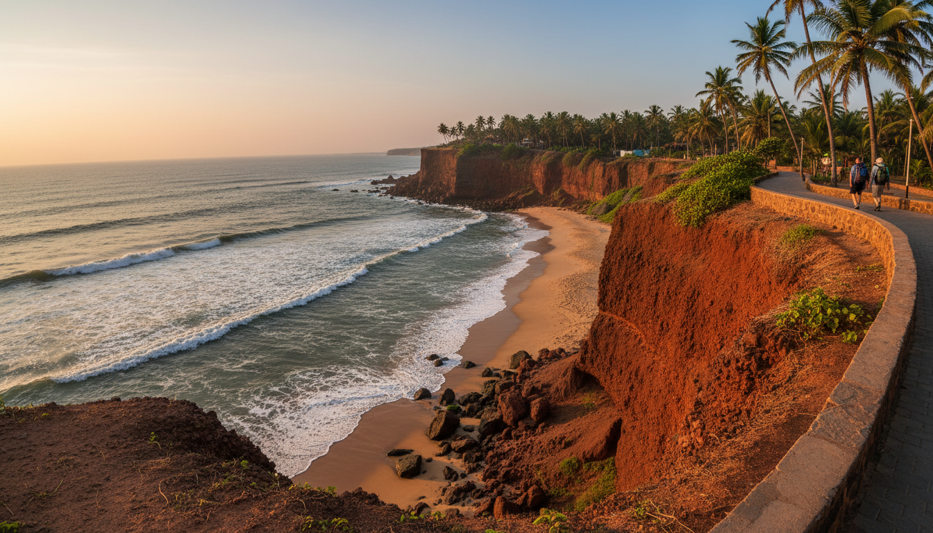 Red laterite cliff top path overlooking the beach and Arabian Sea in Varkala during golden hour.