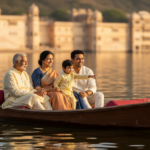 A multi-generational Indian family smiling on a wooden boat ride on Lake Pichola during golden hour.