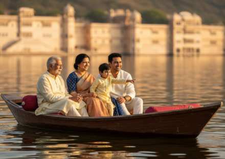 A multi-generational Indian family smiling on a wooden boat ride on Lake Pichola during golden hour.