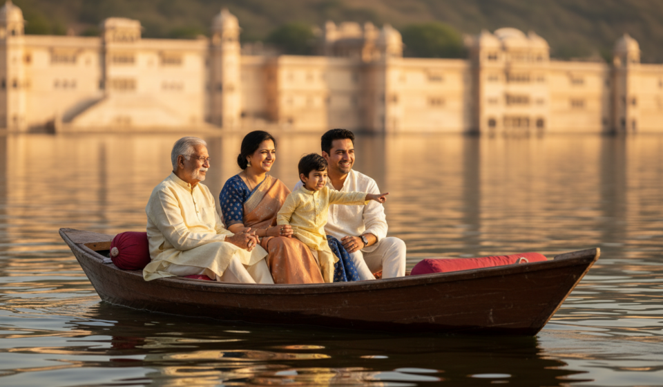 A multi-generational Indian family smiling on a wooden boat ride on Lake Pichola during golden hour.