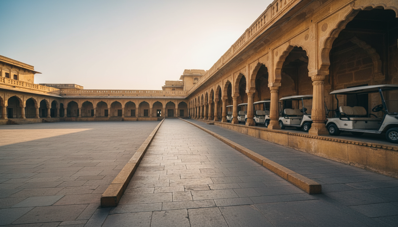Wide stone courtyard at a palace featuring smooth ramps and parked electric carts under sandstone arches.