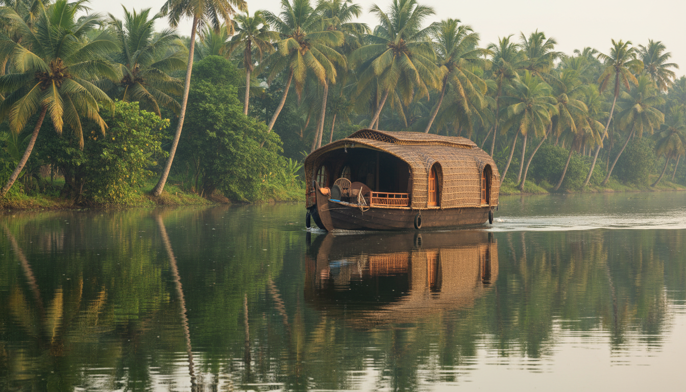 A wooden thatched-roof houseboat sailing on a calm green palm-fringed backwater canal in morning light.