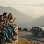 Four young Indian friends laughing on a stone wall overlooking a misty mountain valley during sunset.
