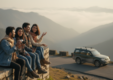 Four young Indian friends laughing on a stone wall overlooking a misty mountain valley during sunset.