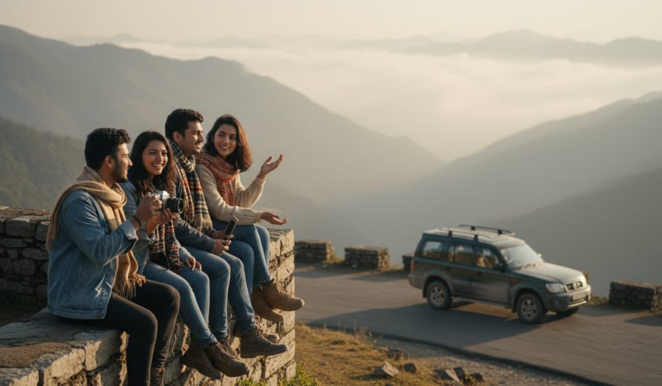 Four young Indian friends laughing on a stone wall overlooking a misty mountain valley during sunset.