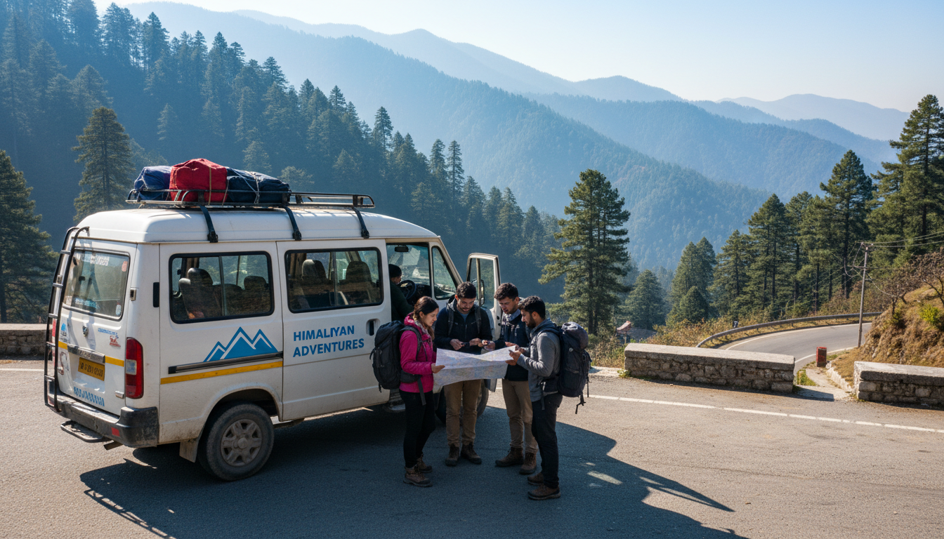 Young travelers standing beside a white Tempo Traveller van checking a map on a mountain road.