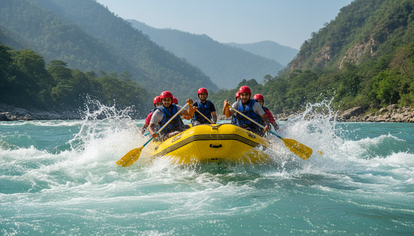 A group of people wearing life jackets paddling a yellow raft through white-water rapids on a blue river.