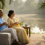 An elderly Indian couple sitting on a wooden resort deck overlooking calm waters surrounded by greenery.