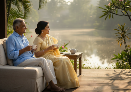 An elderly Indian couple sitting on a wooden resort deck overlooking calm waters surrounded by greenery.