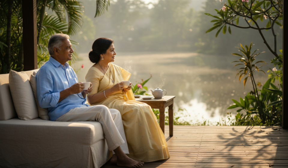 An elderly Indian couple sitting on a wooden resort deck overlooking calm waters surrounded by greenery.