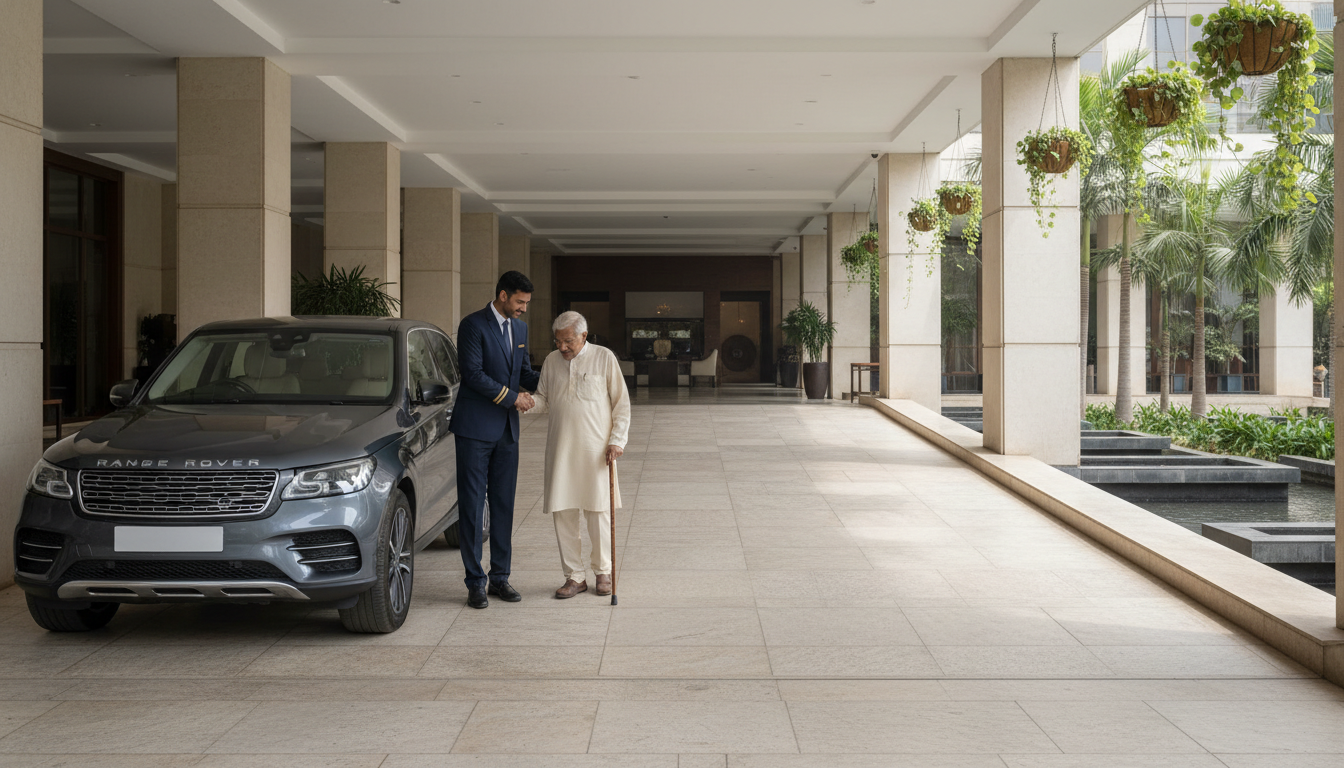 A driver holding open a car door at a hotel entryway with step-free floor access.