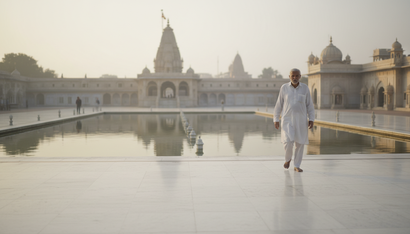 An elderly man walking on the flat marble walkway surrounding a tranquil reflection pool at a temple.