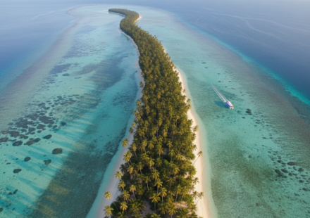 Aerial view of a narrow island strip with coconut palms in Lakshadweep surrounded by bright turquoise sea.