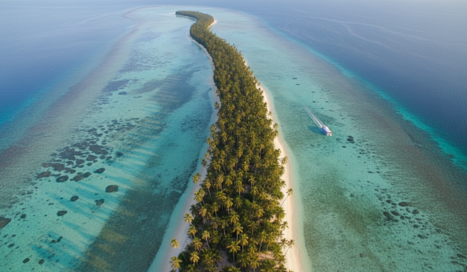 Aerial view of a narrow island strip with coconut palms in Lakshadweep surrounded by bright turquoise sea.