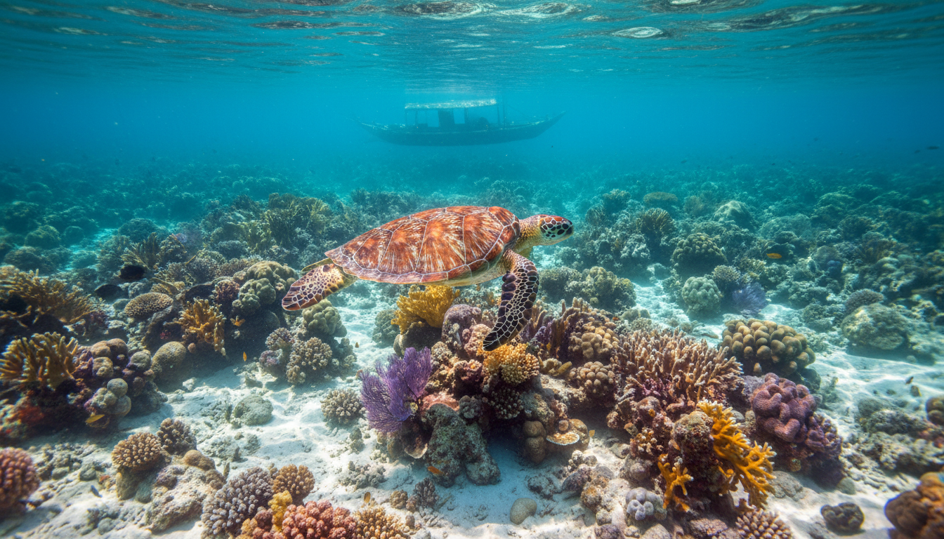 Underwater photo of a sea turtle gliding over coral reefs in clear shallow tropical water.