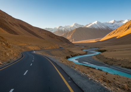 A paved mountain road winds through a broad Himalayan valley in North India under a clear morning sky.