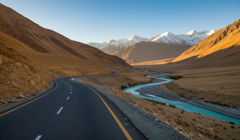 A paved mountain road winds through a broad Himalayan valley in North India under a clear morning sky.
