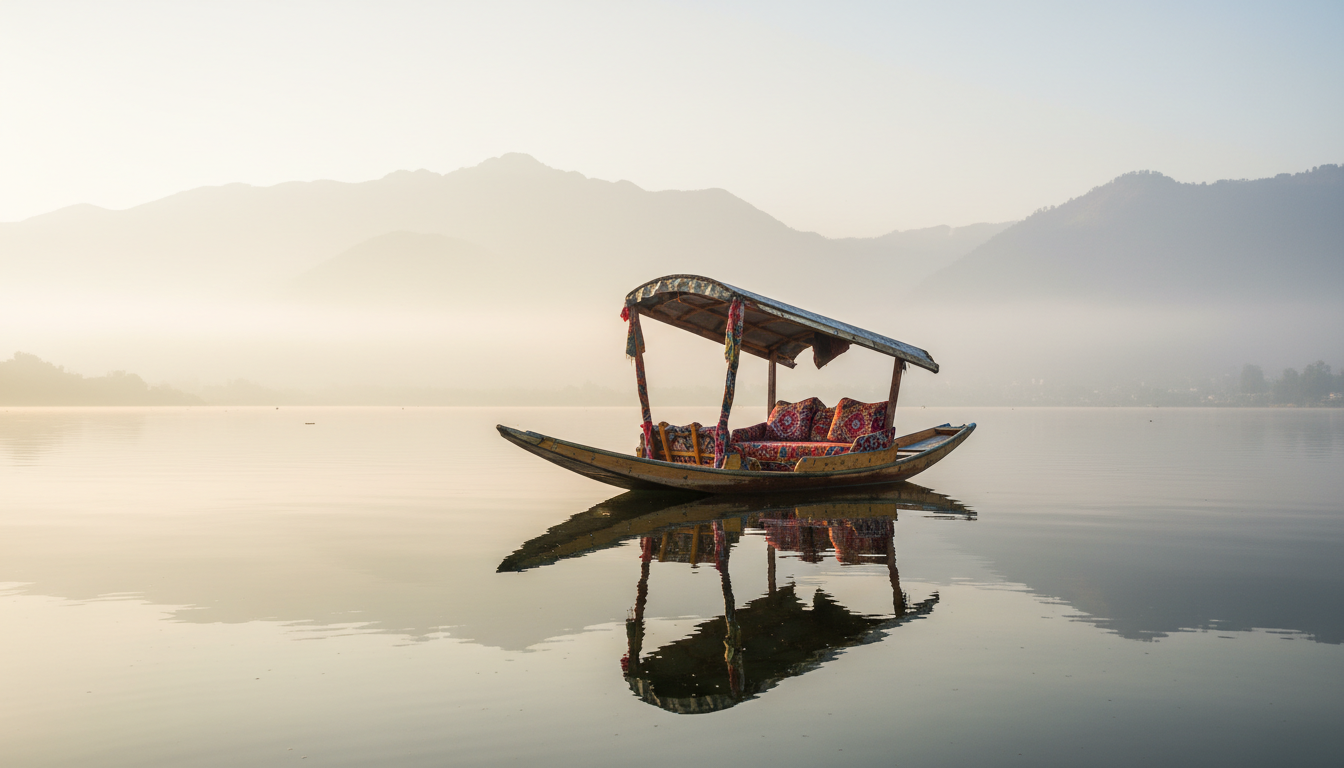 A wooden shikara boat sits on misty Dal Lake in Srinagar with mountain silhouettes in the soft morning fog.