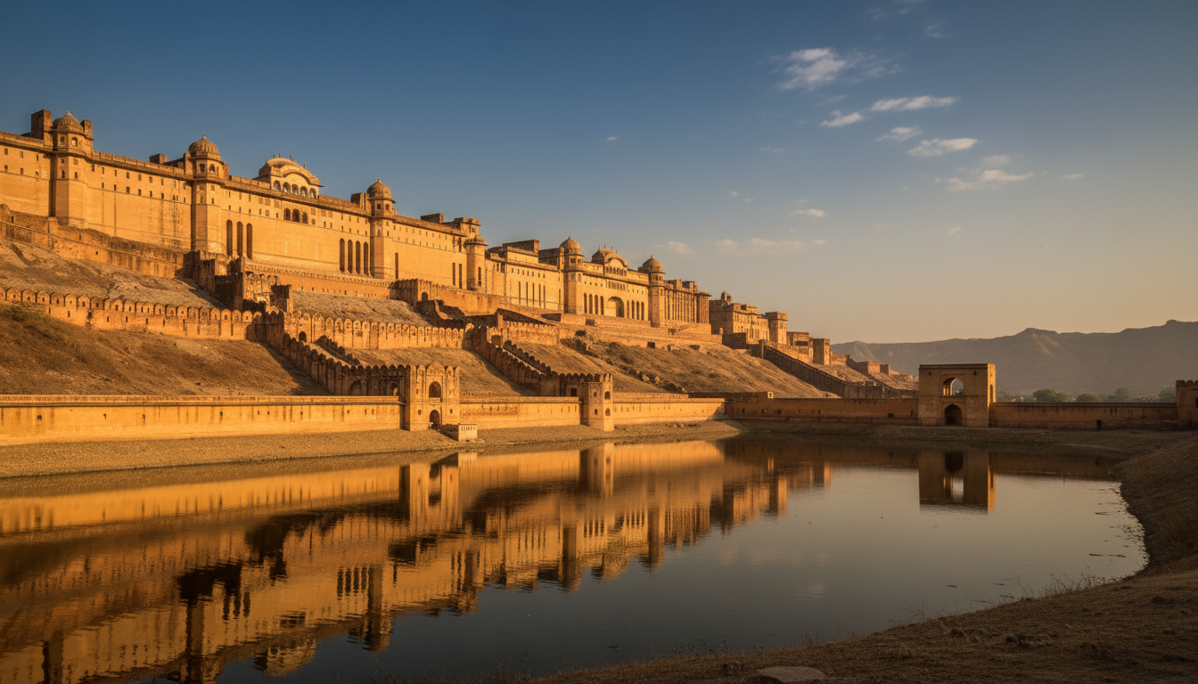 Golden sandstone fort ramparts along a ridge overlooking a lake in Jaipur during warm afternoon sunlight.