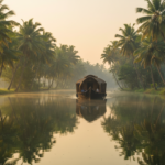 A traditional wooden houseboat on calm, palm-lined backwaters in Kerala during a misty sunrise.