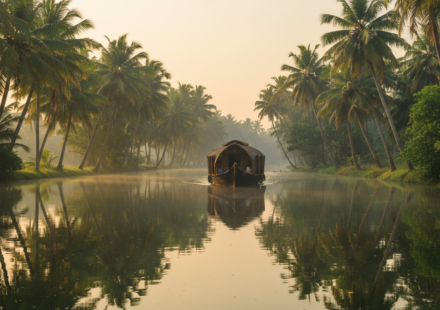 A traditional wooden houseboat on calm, palm-lined backwaters in Kerala during a misty sunrise.