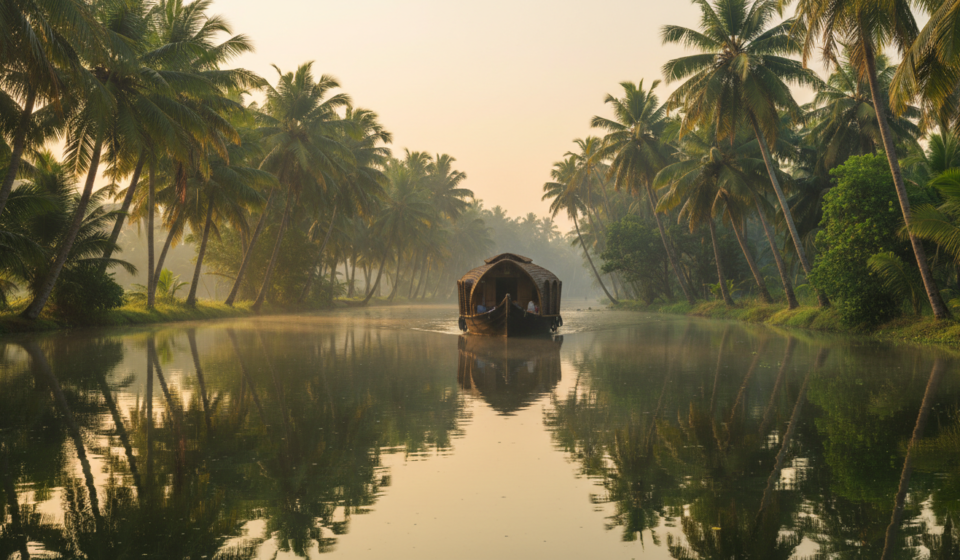 A traditional wooden houseboat on calm, palm-lined backwaters in Kerala during a misty sunrise.