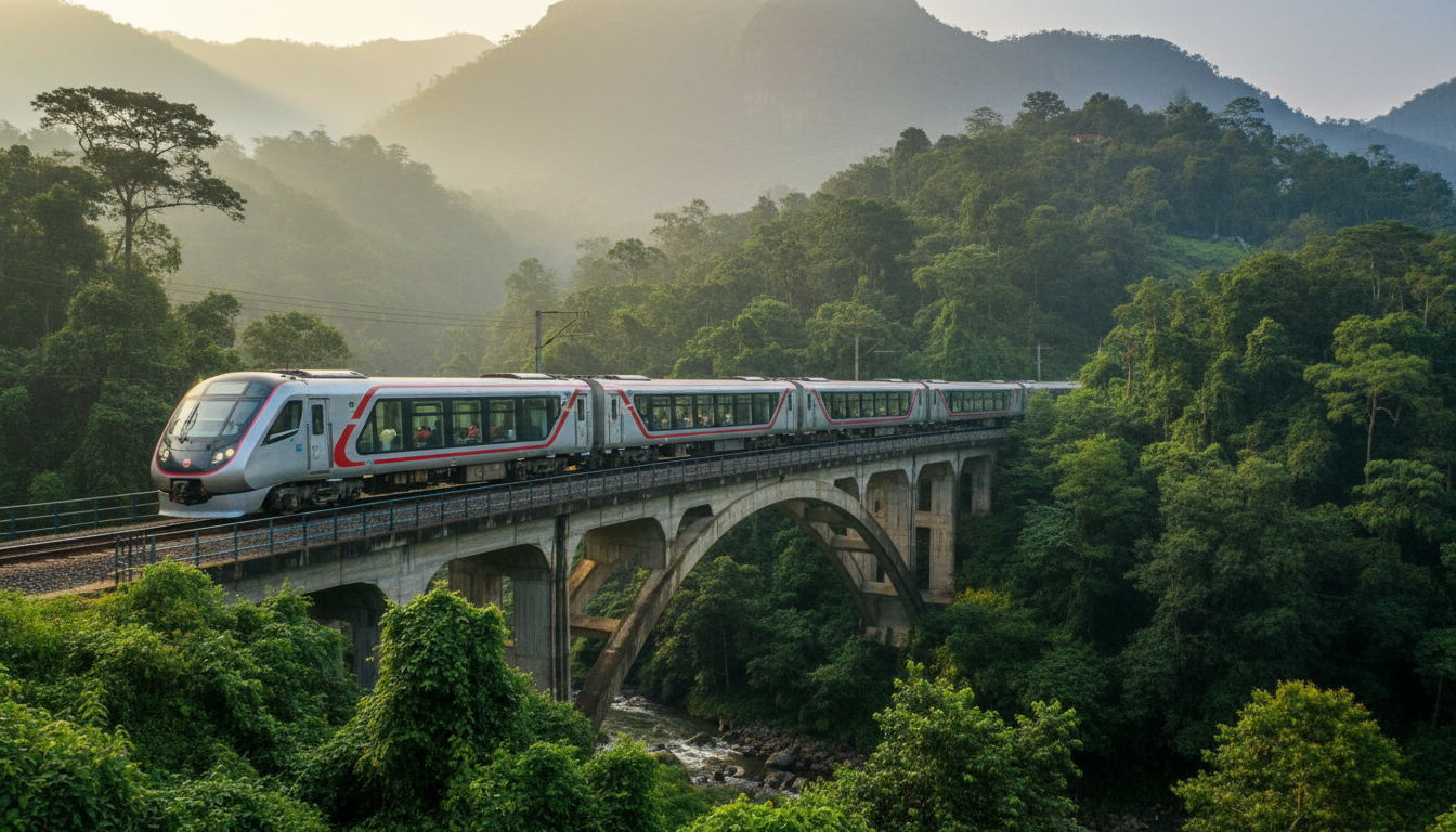 A modern glass-roofed train traversing a bridge through lush, misty green mountain forest.
