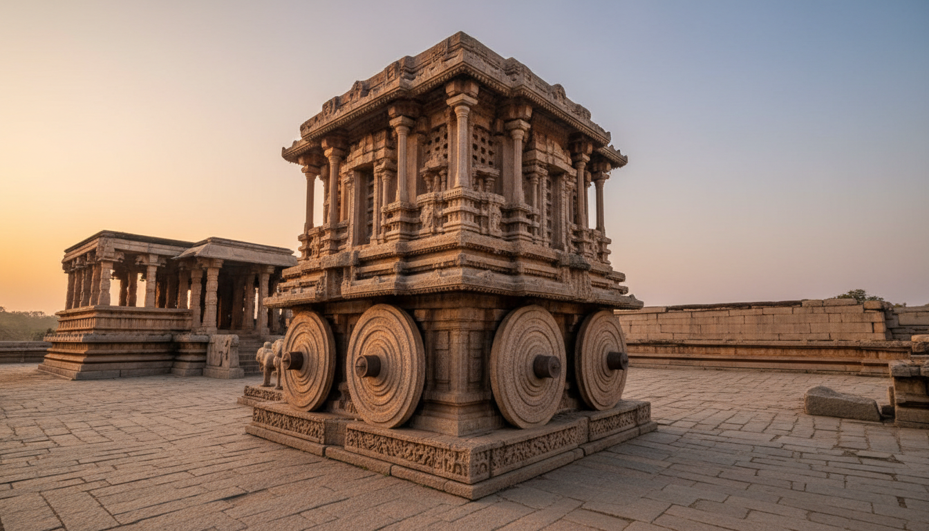 Intricately carved granite stone chariot at Vijaya Vittala Temple in Hampi under warm sunlight.