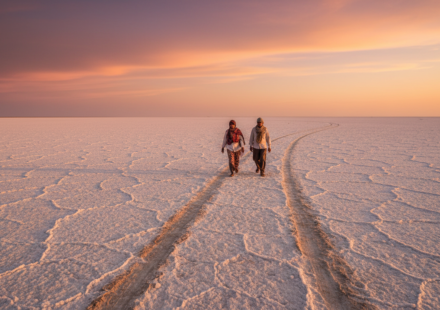 Sunset over the white salt desert of the Rann of Kutch with golden light reflecting on the crust.