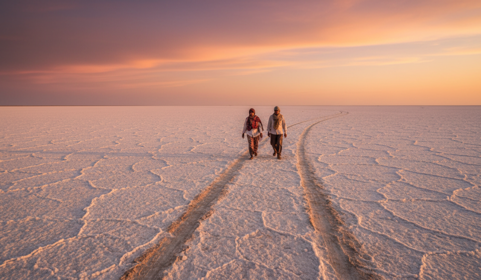 Sunset over the white salt desert of the Rann of Kutch with golden light reflecting on the crust.
