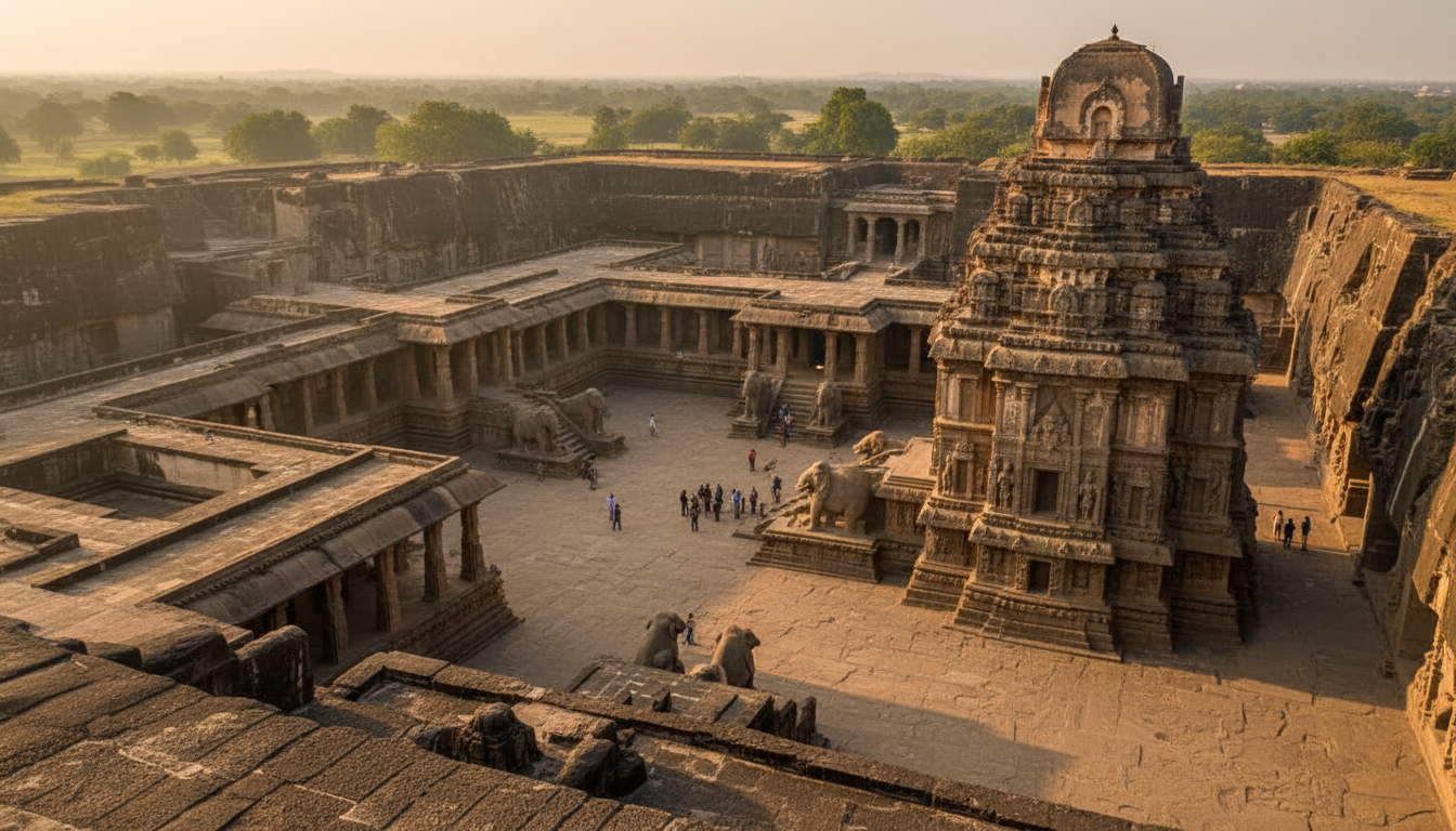 Ancient rock-cut Kailasa Temple at Ellora Caves illuminated by golden morning sunlight.