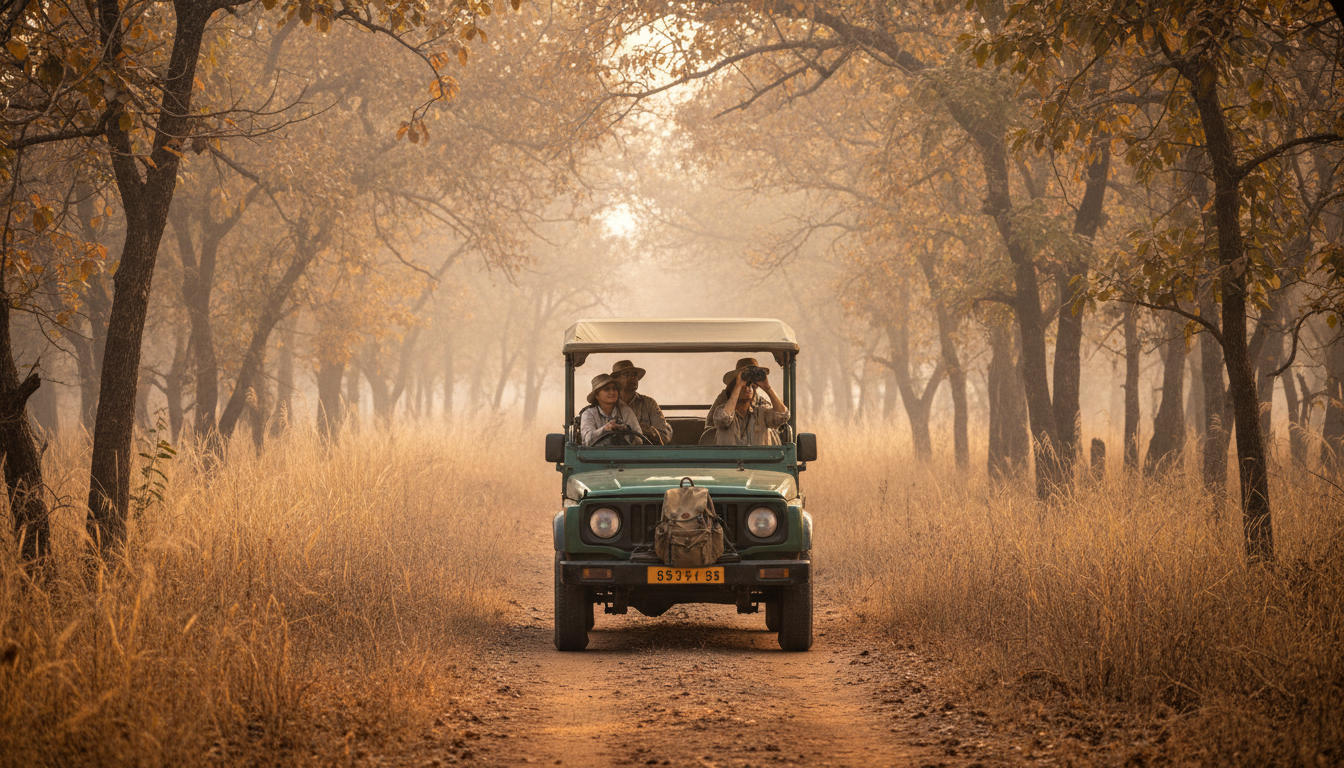 An open safari jeep driving through the golden teak forests of Gir National Park at sunrise.