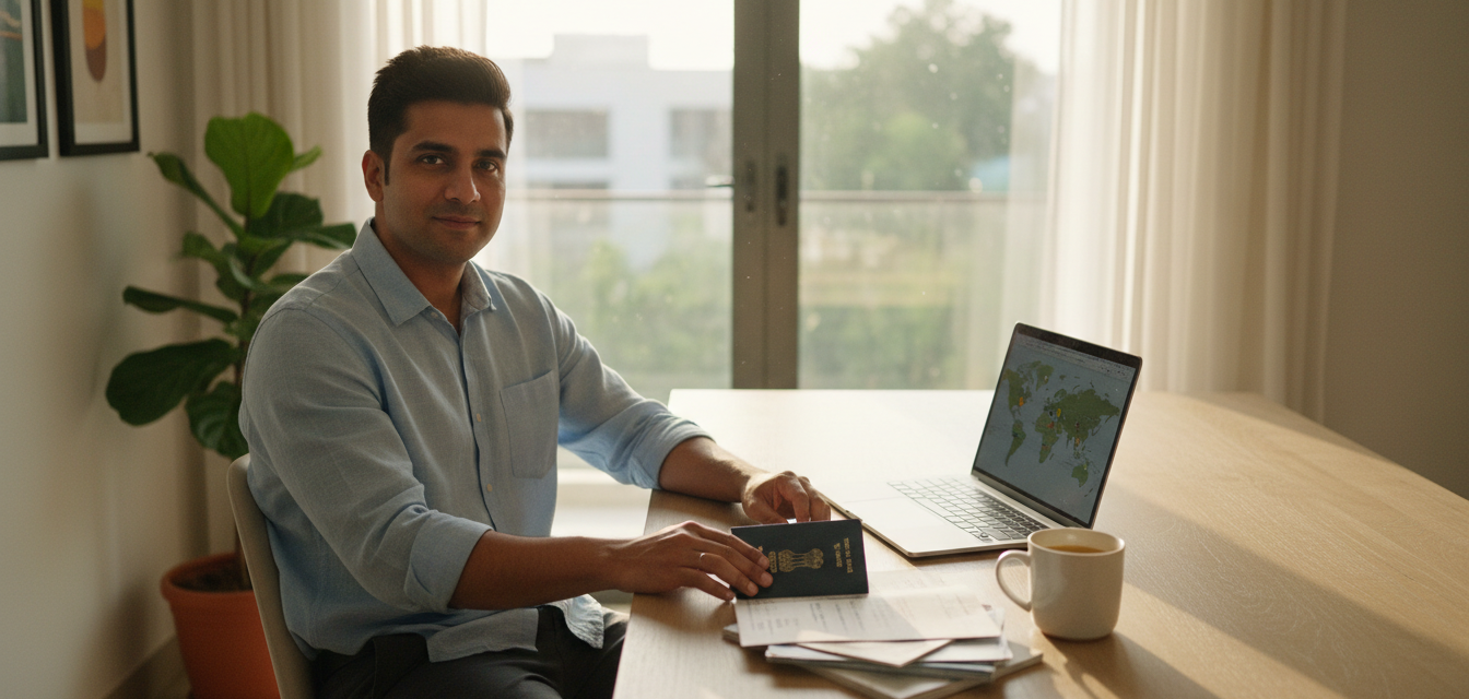 An Indian traveller organizing passport and travel documents on a wooden desk next to a laptop.