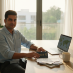 An Indian traveller organizing passport and travel documents on a wooden desk next to a laptop.