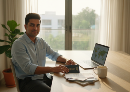 An Indian traveller organizing passport and travel documents on a wooden desk next to a laptop.