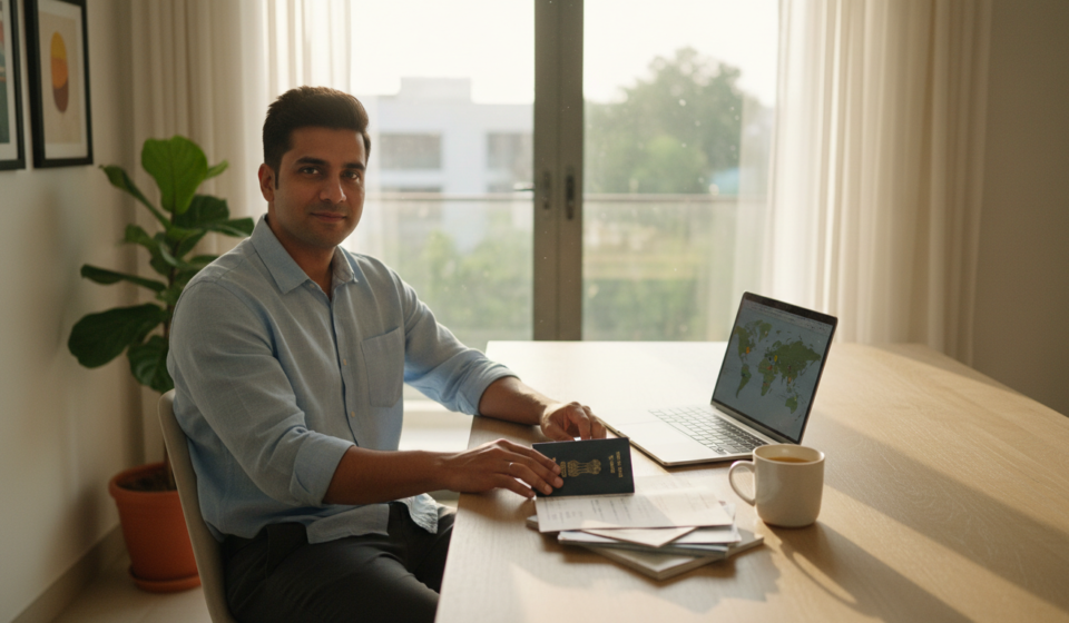 How to Book Poland Visa Appointment in India: VFS Guide (2026) An Indian traveller organizing passport and travel documents on a wooden desk next to a laptop.