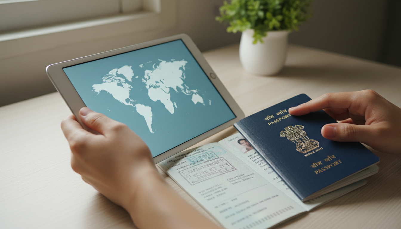How to Book Poland Visa Appointment in India: VFS Guide (2026) 1 Close-up of hands holding a tablet alongside an open Indian passport on a clean desk.