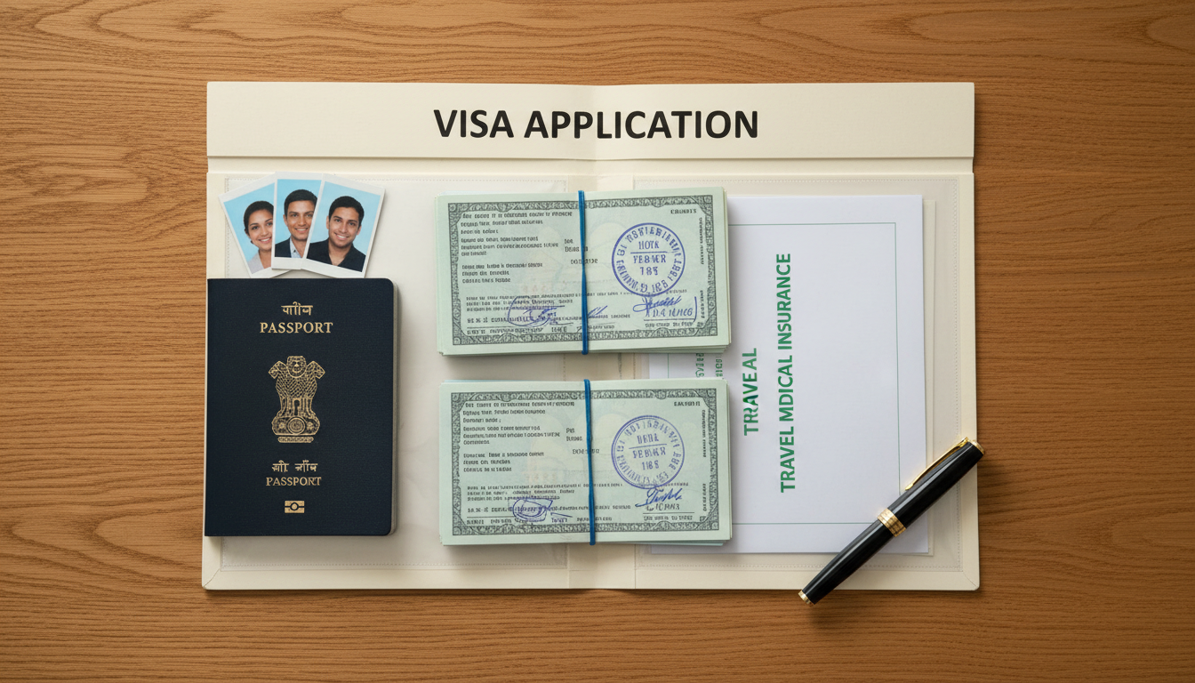 How to Book Poland Visa Appointment in India: VFS Guide (2026) 2 Flat-lay arrangement of an Indian passport, photos, bank statements, and travel insurance.