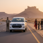 White tourist SUV parked on a scenic Rajasthan highway at sunset with passengers admiring the view.