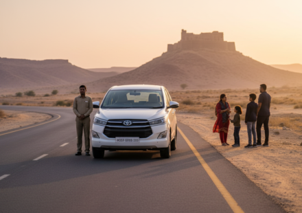 White tourist SUV parked on a scenic Rajasthan highway at sunset with passengers admiring the view.