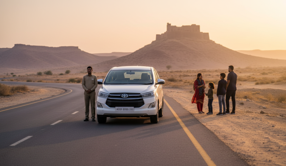 White tourist SUV parked on a scenic Rajasthan highway at sunset with passengers admiring the view.
