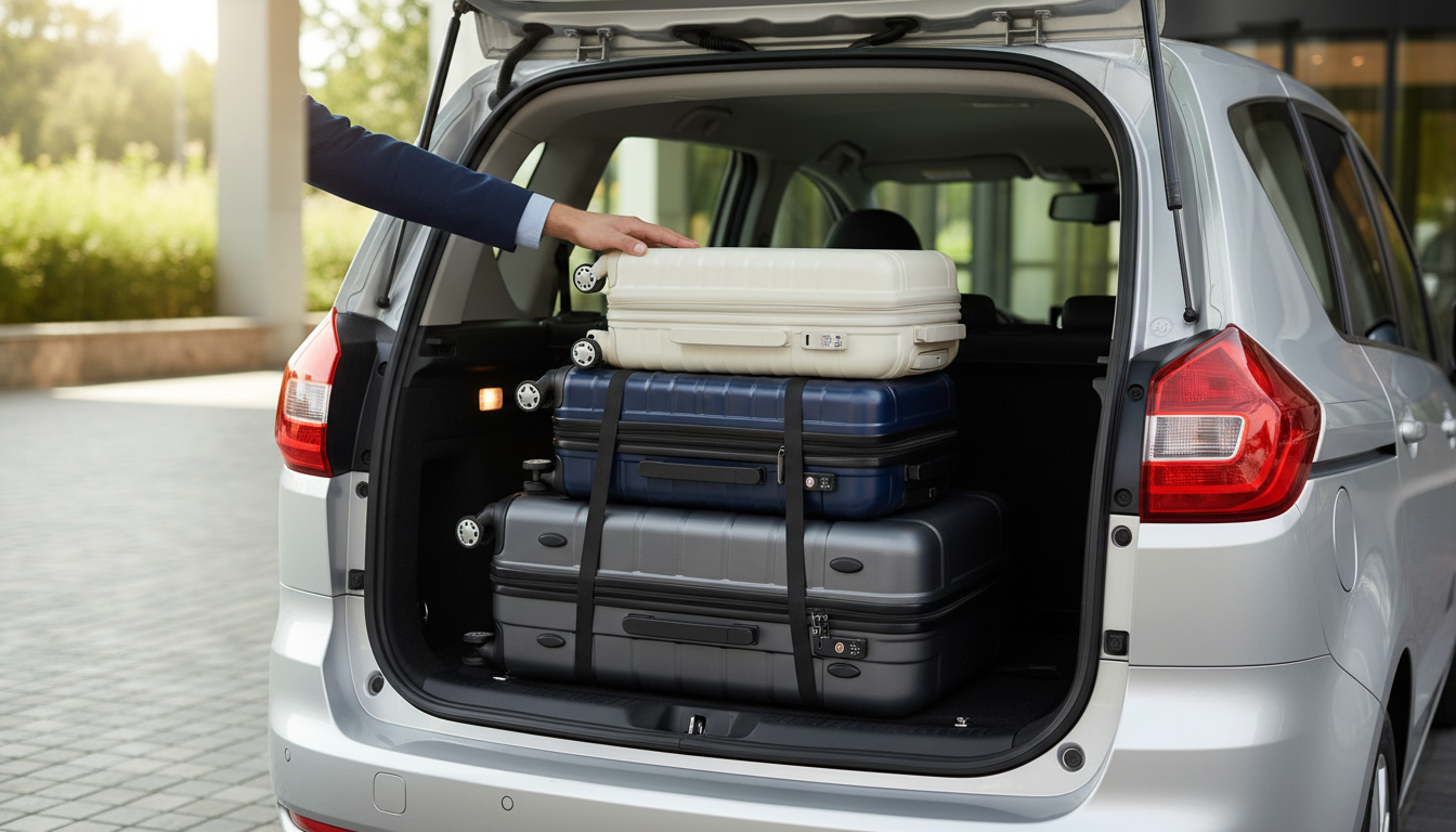 Open trunk of a silver MPV loaded with three hard-shell suitcases outside a hotel.
