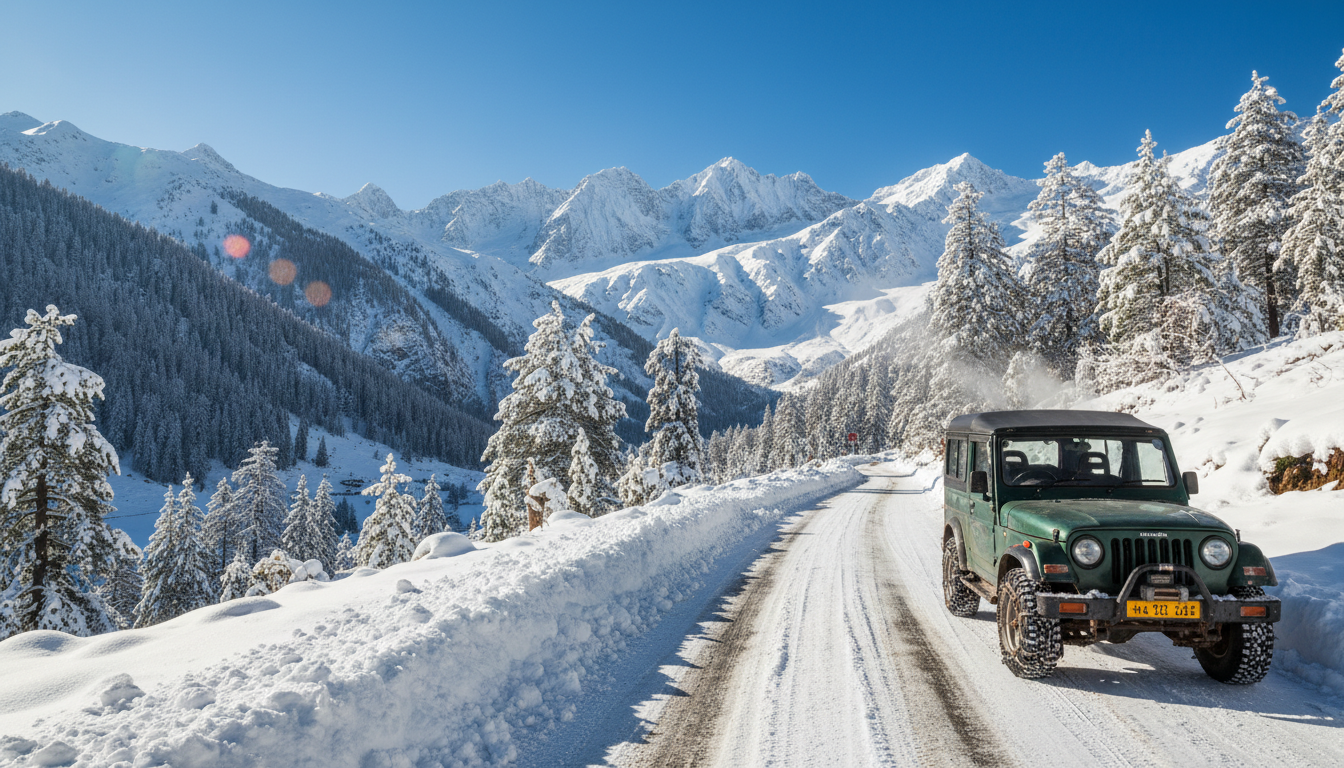 Local SUV with tire snow chains parked on a snow-lined road in a Kashmir mountain valley.