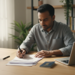 An Indian man at a wooden desk reviewing printed hotel vouchers, laptop itinerary, and passport in soft light.