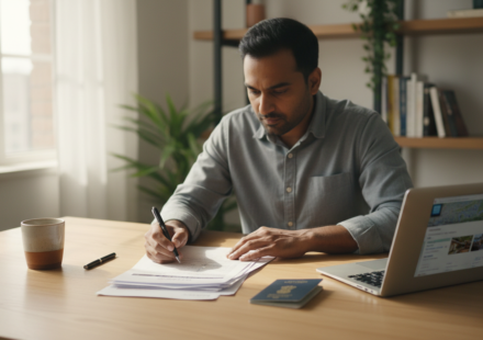 An Indian man at a wooden desk reviewing printed hotel vouchers, laptop itinerary, and passport in soft light.