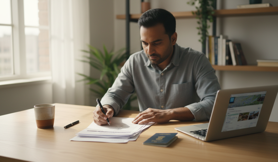 An Indian man at a wooden desk reviewing printed hotel vouchers, laptop itinerary, and passport in soft light.