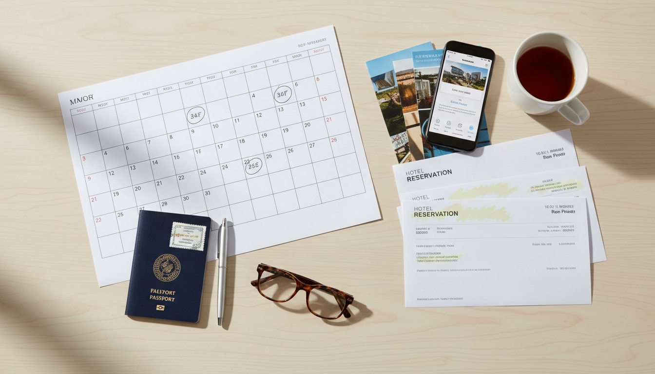 A travel planning setup with a calendar, Indian passport, pen, and highlighted hotel vouchers on a desk.