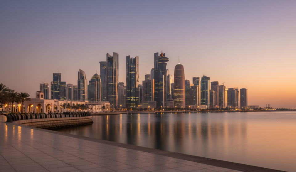 Dusk view of the Doha West Bay skyline reflected across the calm gulf water from the waterfront promenade.