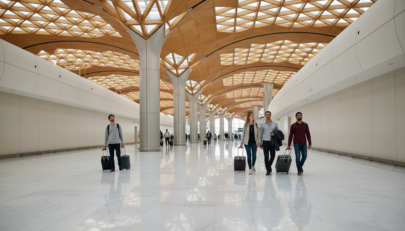 A modern, spacious airport arrivals hall with warm architectural lighting and polished reflective floors.