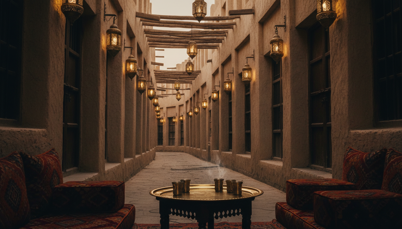 A quiet alleyway in Souq Waqif, Doha, lit by warm traditional lanterns during golden hour.